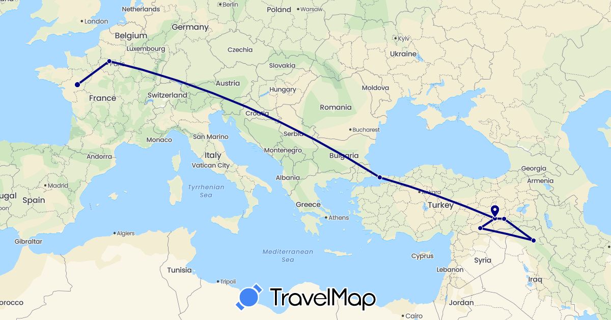 TravelMap itinerary: driving in France, Iraq, Turkey (Asia, Europe)
